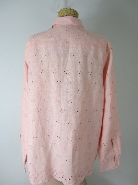 Ralph Lauren Womens Large Pink Linen Eyelet Embroidered Shirt Scallop Hem - Picture 12 of 14